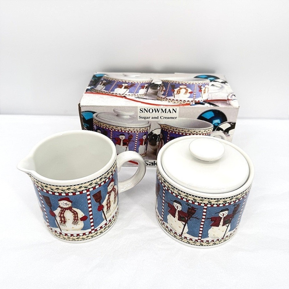 Sakura Snowman Sugar and‎ Creamer Set Debbie Mumm Holiday Tableware NOS